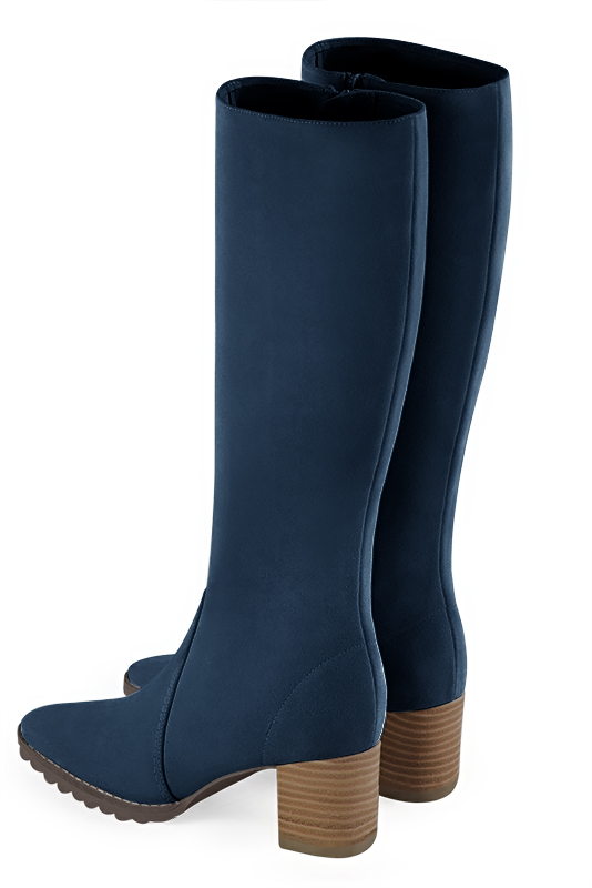 Navy blue women's riding knee-high boots. Round toe. Medium block heels. Made to measure. Rear view - Florence KOOIJMAN